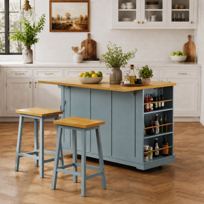 53" Rolling Kitchen Island with Drop Leaf & Power Outlet, Farmhouse Storage Cabinet with 3 Drawers, Internal Door Racks & 2 Bar Stools, Mobile Kitchen Cart