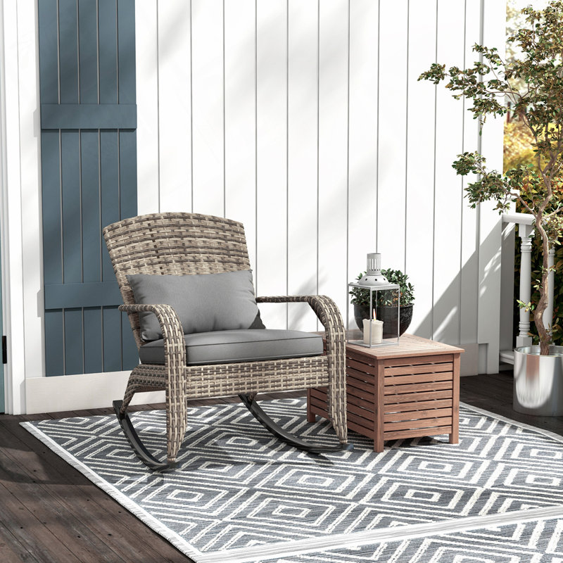 Chaise berçante d'extérieur en osier et rotin, Coussin gris / cadre gris