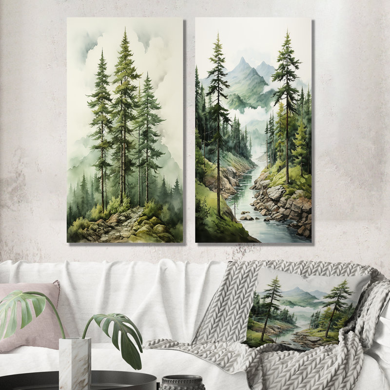 «Green Pine Tree Eernal Guardians», 2 pièces, H 32 po x l 32 po, Toile tendue