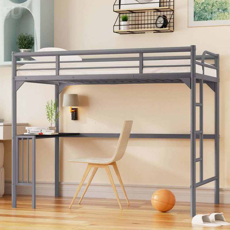 Lit mezzanine simple en métal avec bureau, échelle et garde-corps, Argent argent