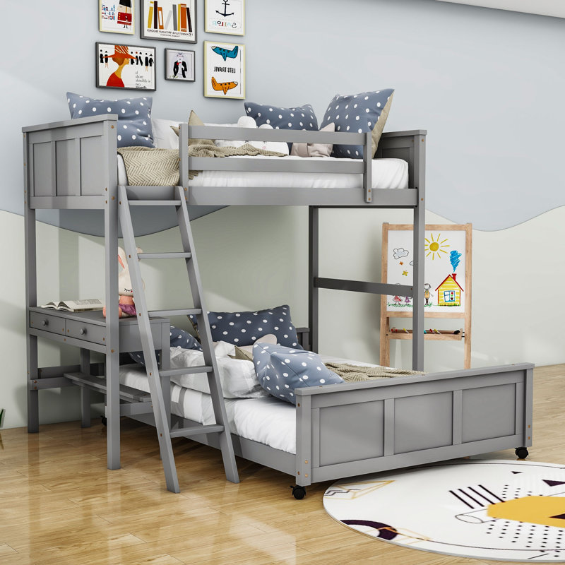 Jakavious Kids Bunk Bed with Drawers, Twin Over Full, Gray