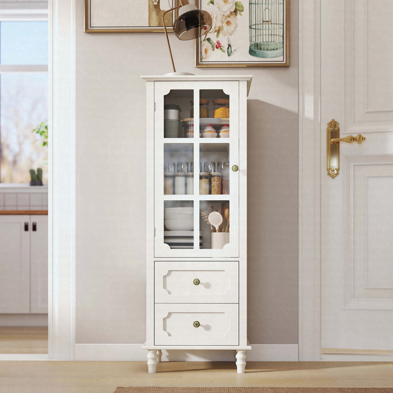 Buffet Minimalist avec portes en verre et double tiroir - Buffet moderne en bois, Blanc crémeux