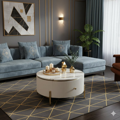 Table d'appoint moderne avec deux tiroirs spacieux pour le rangement. Mesure 31,5 pouces de diamètre.