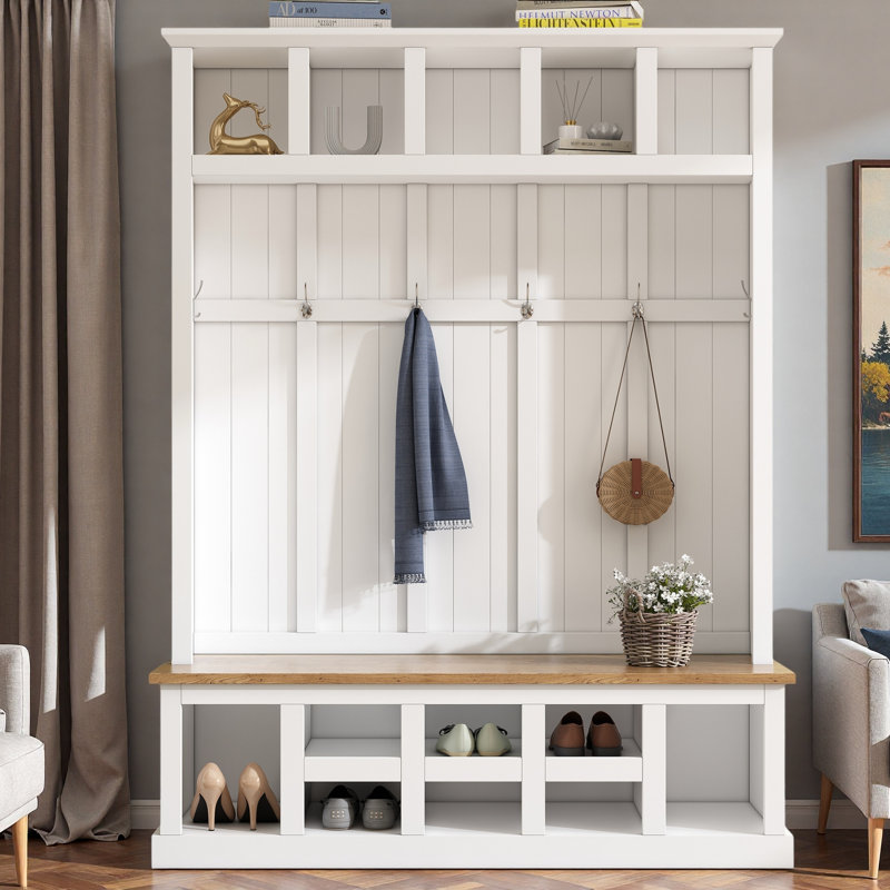 Farmhouse Wooden Hall Tree with Wide Storage Bench, Entryway Shoe Cabinet with 13 Compartments and 6 Hooks, White, White