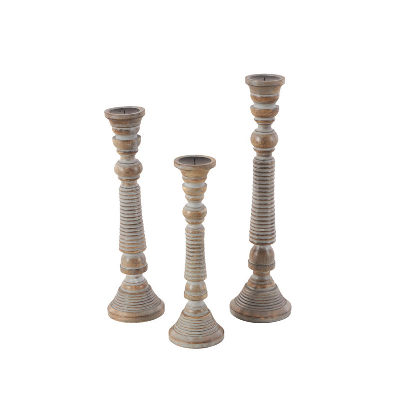 Ensemble de porte-bougie gris clair en bois de manguier