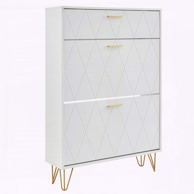 White Shoe Cabinet with 3 Flip Drawers, Wood Legs