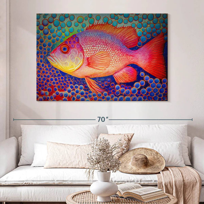 Brampt Red Snapper Fish And Abstract Bubbles, 34" H x 51" W