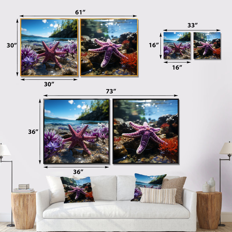 «Beachside Coral Starfish Photo I - Coastal Beach», ensemble de 2 reproductions d'art sur toile, Cadre flottant brun