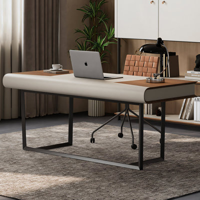 Walnut Veneer Faux Leather Writing Desk with Storage Drawers