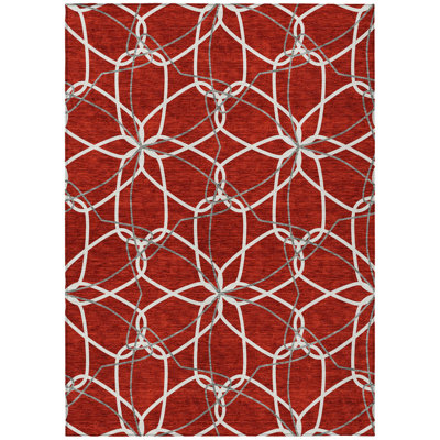 9' X 12' Red And Ivory Geometric Washable Indoor Outdoor Area Rug