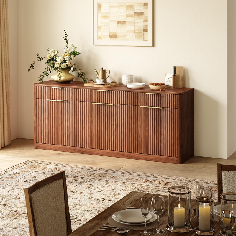 67" Oak Fluted Sideboard Buffet Cabinet With 3 Drawers For Kitchen, Living Room And Entryway, Walnut