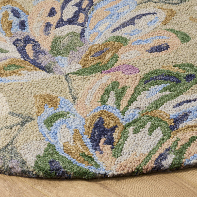 Lyia Hand Tufted Wool/Cotton Floral Rug in Blue/Green/Beige, Round 3"