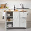 Chariot d'îlot de cuisine blanc avec plateau en bois massif, armoire de rangement, roulettes et abattant-962949792-962949793