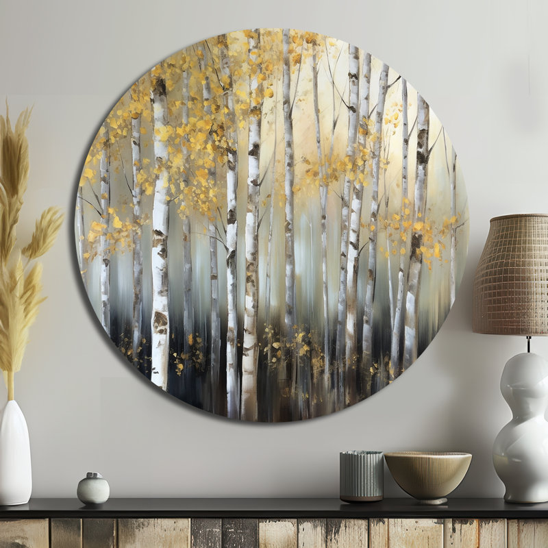 Bouleau, forêt dense I - Paysages, art rond en métal, H 29 po x l 29 po