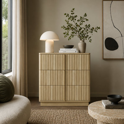 Table basse moderne 25,39 po à 3 tiroirs et à rayures verticales, rétro et économique, convient à la chambre à coucher, au salon et au bureau, naturel (ensemble de 2)