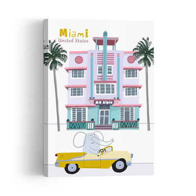 Miami Elephant Drive Classic Playful Retro Palm Tree Elephant Architecture Beach Wall Art Print 1 Piece Wrapped Canvas Wall Art