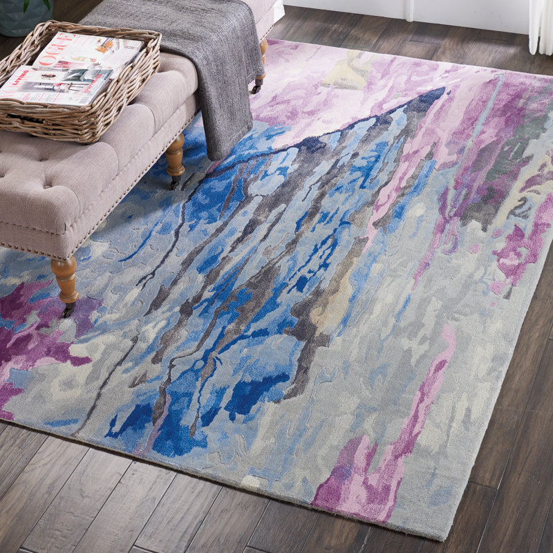 Tapis bleu / rose touffeté à la main Prismatic, Rectangle 5 pi 6 po x 7 pi 5 po