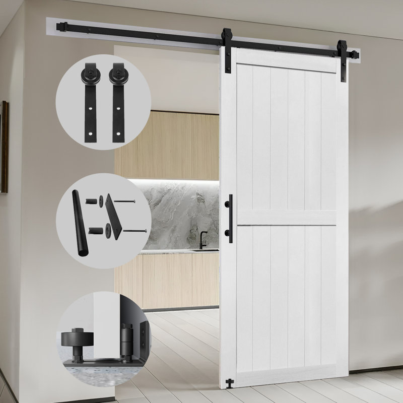 Ensemble de quincaillerie de porte de grange en panneau de fibres à densité moyenne avec porte coulissante recouverte d'une surface en PVC imperméable