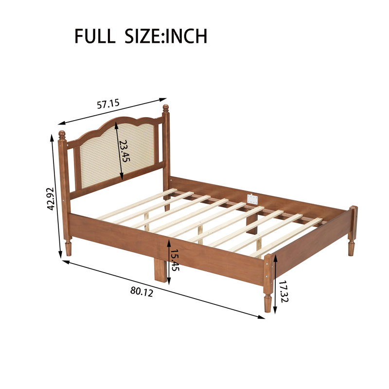 Lit plateforme double en bois avec tête de lit en rotin naturel, Lit double