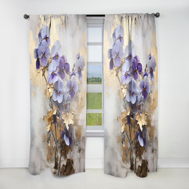 Corvena Purple and Gold Adorned Violets Meadow II - Traditional Velvet Curtain - Room Darkening - 1 Panel, 52" W x 90" L