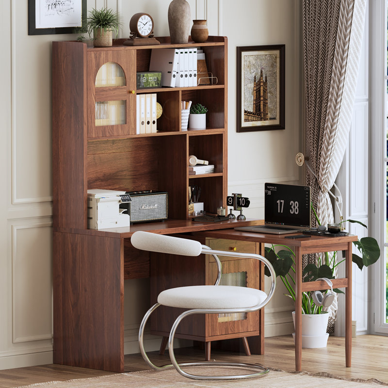 Computer Desk With 90 Degree Rotating Desktop, 43X70 Inch Office Desk With Storage Drawer And Cabinets, Gaming Desk With Shelves, Writing Desk For Study, Work Desk For Home Office Bedroom Living Room