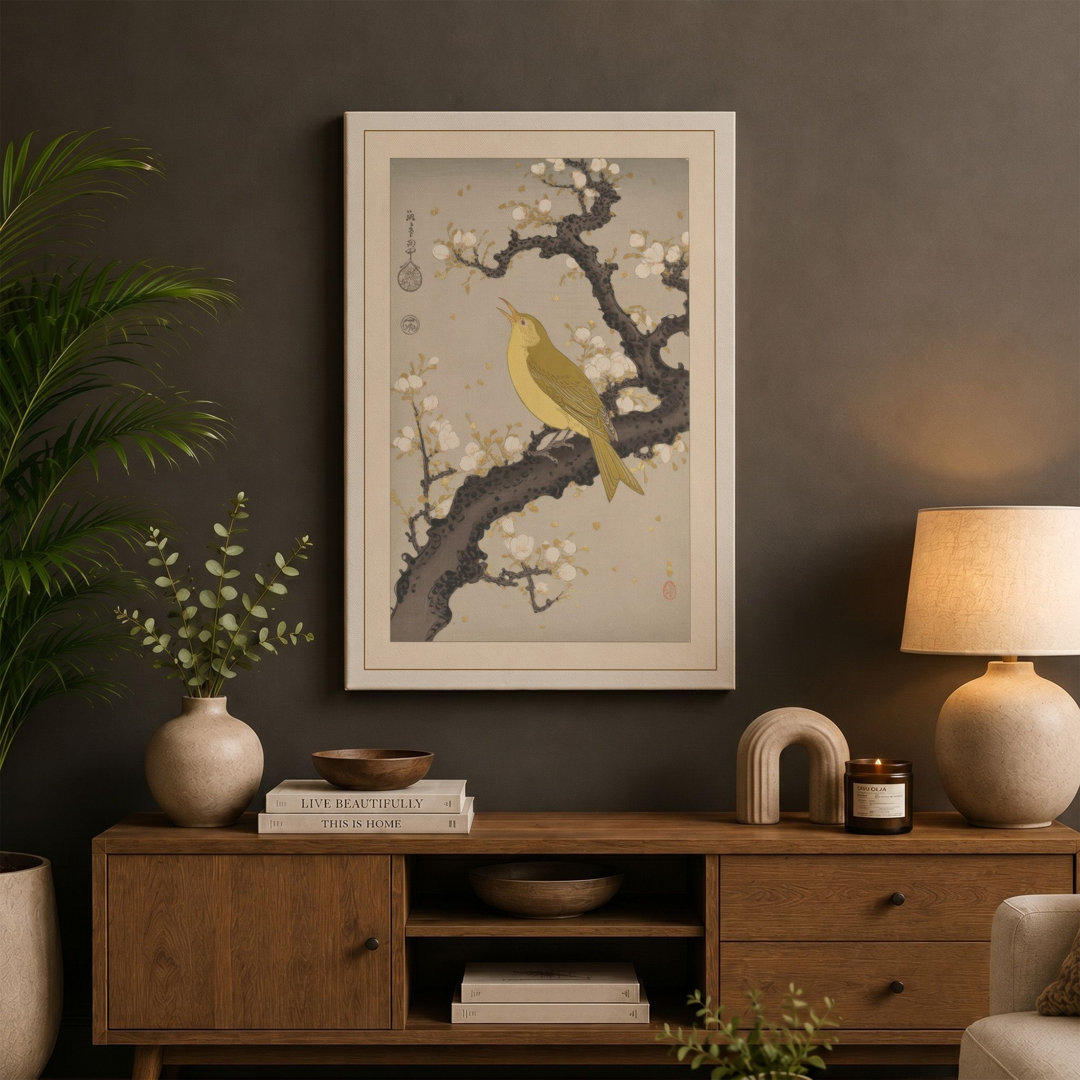 Bird on Blossom Branch Japandi - Wrapped Canvas