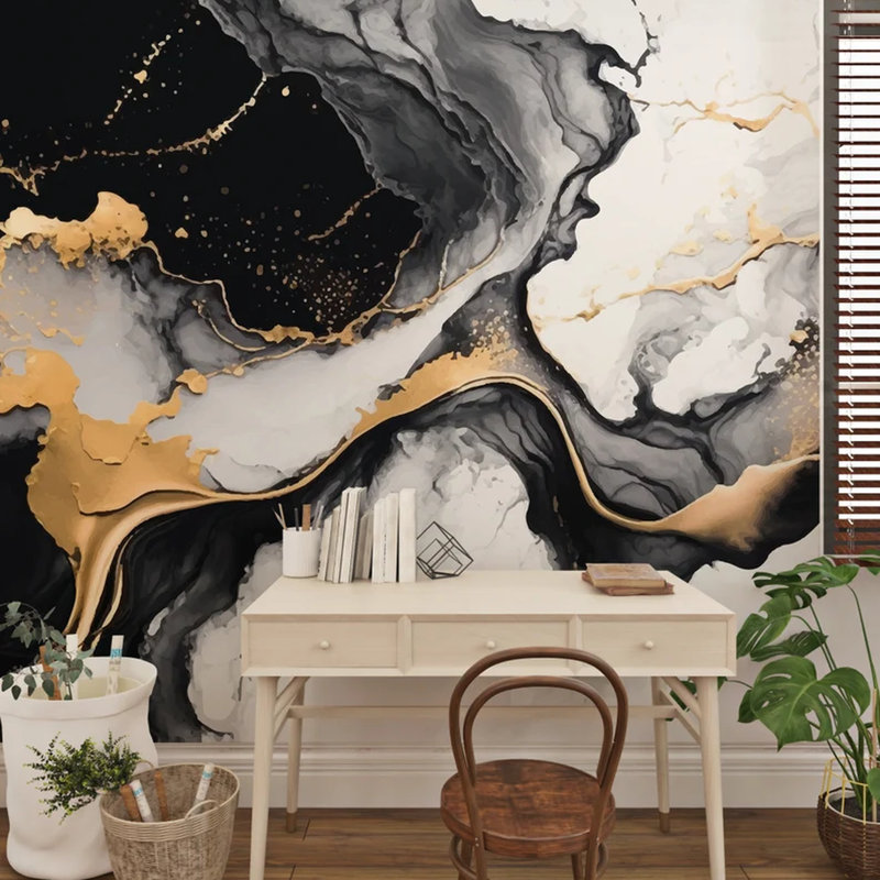 Murale en marbre noir, blanc et doré, L 108 po x l 96 po
