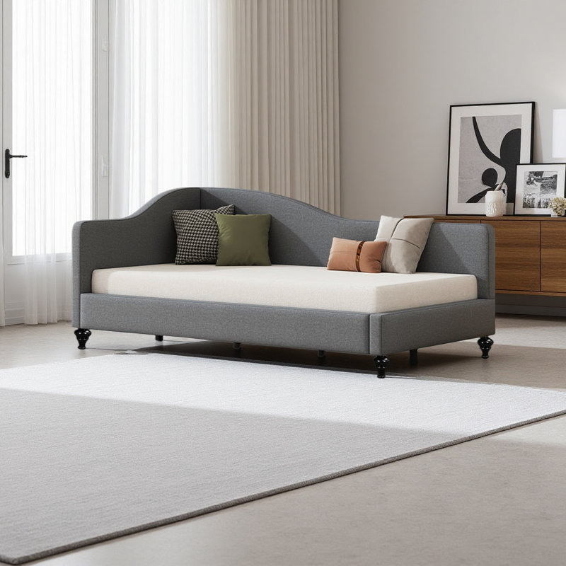 L-Shaped Linen Daybed, With Solid Wood Legs, Gray, Twin