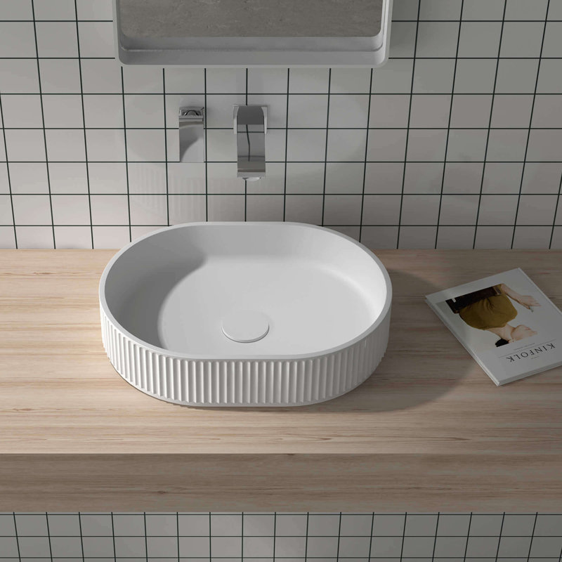 Ruvati 23 x 14 inch Fluted Vessel Bathroom Sink epiStone Solid Surface Modern Oval Matte White, 4.5“ H x 22.75“ W x 14“ D