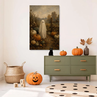 1 pièce, impression d'art sur toile encadrée d'Halloween, fantôme d'Halloween en automne citrouille ferme, affiches d'art rustique, impression sur toile pour salon, chambre, bureau, salle de bain, dortoir, prêt à accrocher