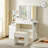 Stylish LED Makeup Vanity With Upholstered Stool, Modern Wood Vanity Table With 4 Drawers, Bedroom Dressing Table With LED-Lit Mirror & Power Outlet & Hairdryer Shelving, 3 Lighting Modes