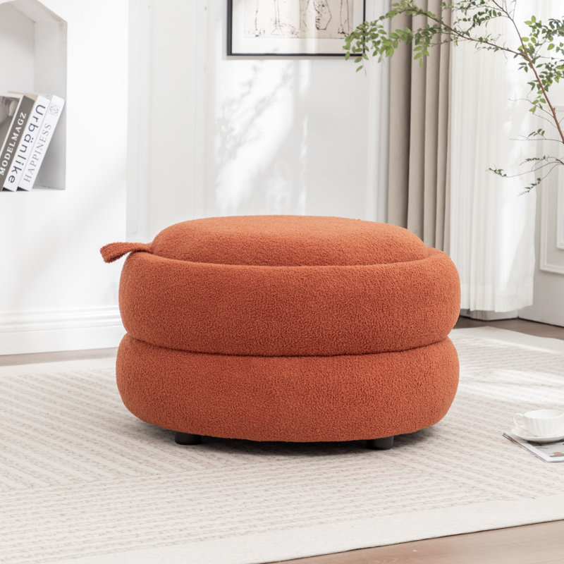 Upholstered Round Storage Ottoman, Orange