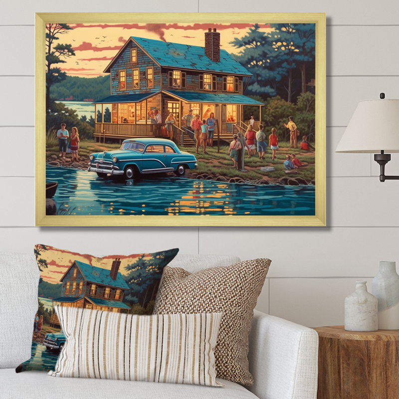 Ger été séché, Vaccation au chalet V sur toile, H 12 po x l 20 po x P 1 po, Encadrement doré