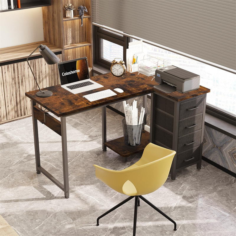 L-Shaped Metal Base Computer Desk, Brown