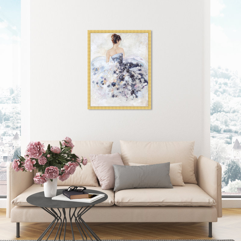 Splash for Tonight, Floral Dress Girl Modern - reproduction d'art murale encadrée pour la chambre à coucher, Or