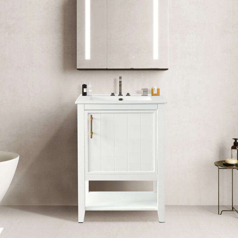 Meuble-lavabo simple autoportant de 20 po avec plateau en céramique Mindie, Blanc