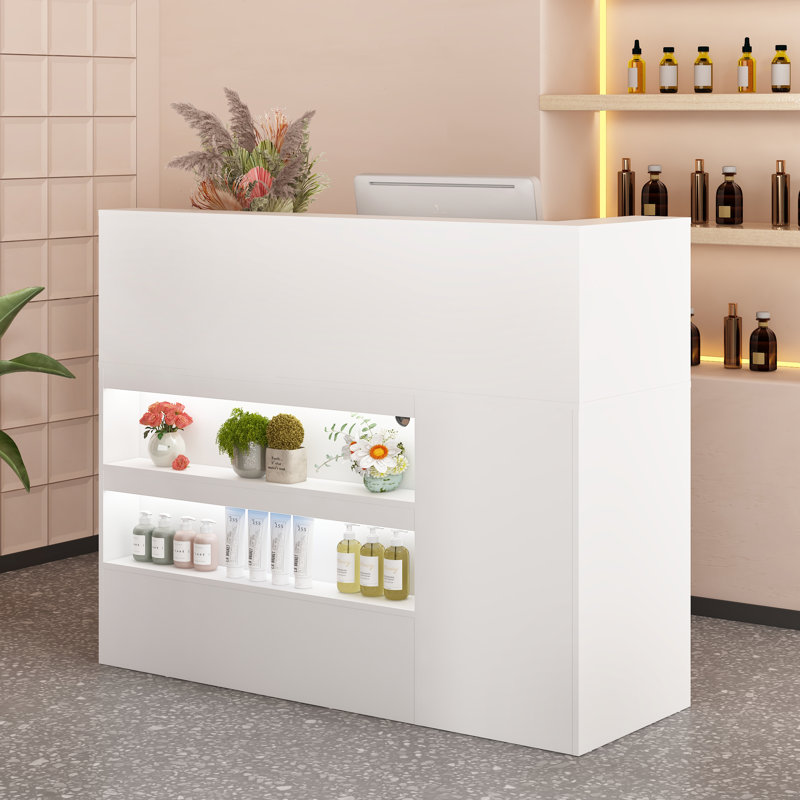 55" Reception Desk with LED Lights, Double-Layer Display Rack, L-Shaped Front Desk Reception Room Table Drawer With Lock