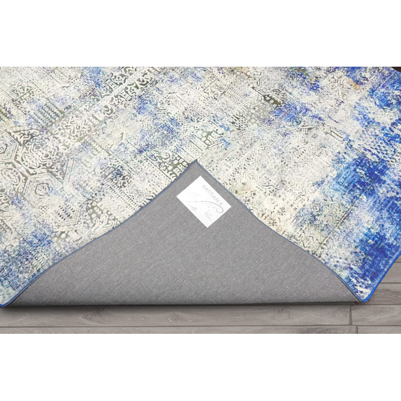 Tapis ivoire / bleu en coton tissé à plat Abtract, Rectangle 5 pi x 7 pi