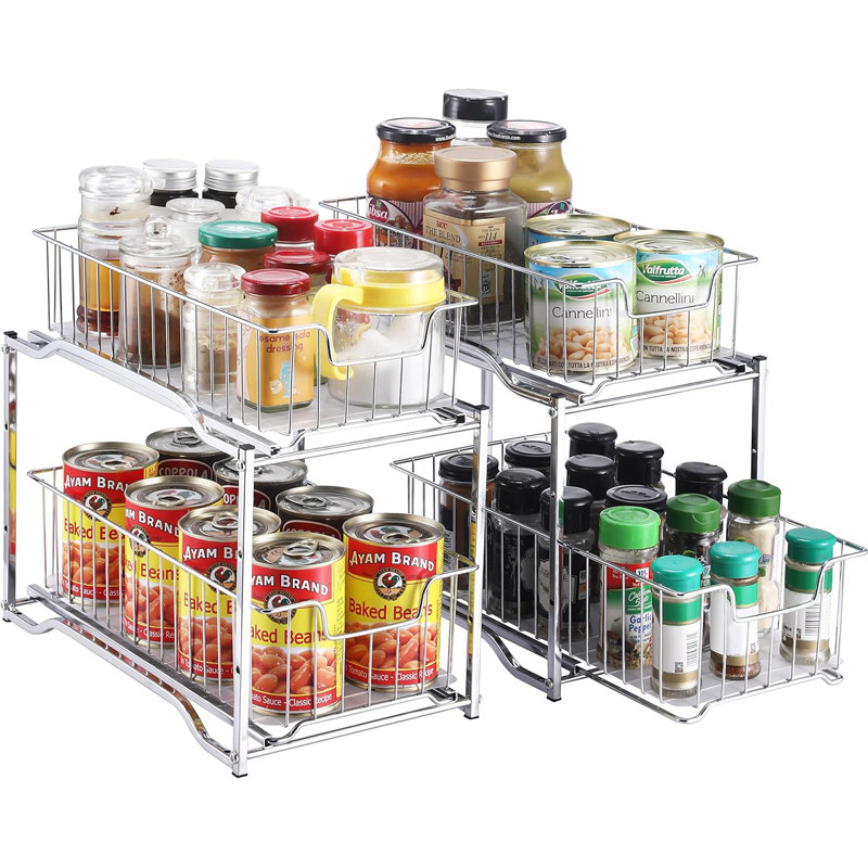 Simple Trending 2 Pack Stackable 2 Tier Under Sink Cabinet Organizer With Sliding Storage Drawer, Chrome