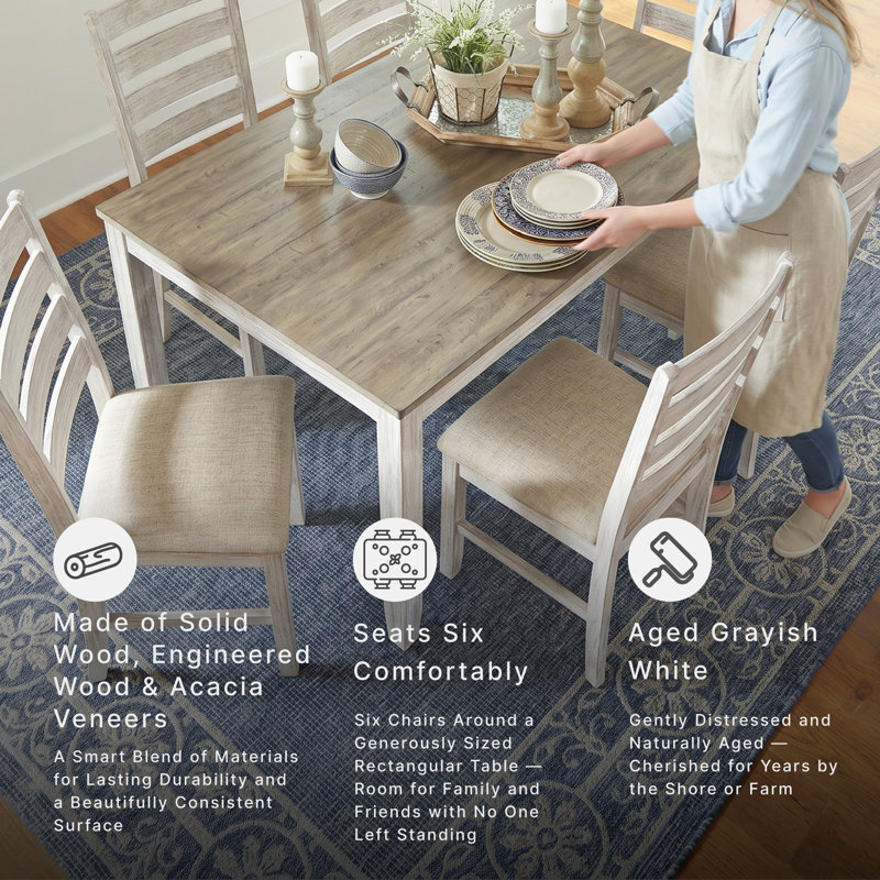 Mereworth 7 Piece Dining Table Set | Rectangular Wood Top and 6 Ladder-Back Chairs | Dual Tone Weathered White Brown