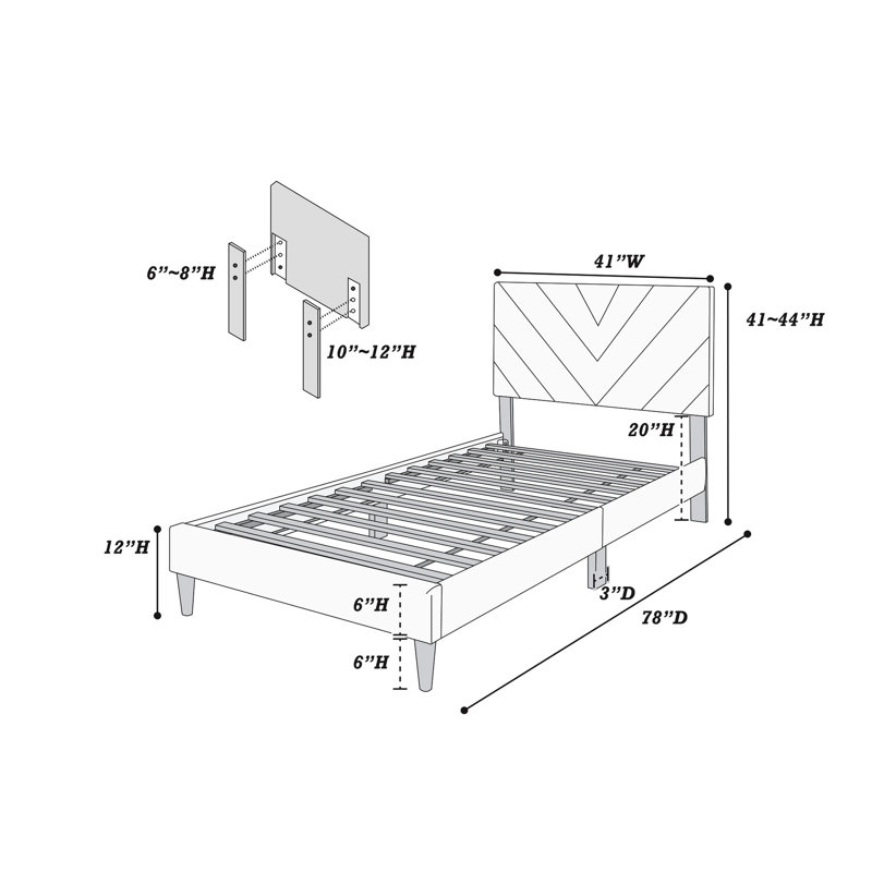 Grey Twin Bed With Base - Velvet, Adjustable Headboard, 12, No Box Spring, Modern Bedroom Furniture Velvet Upholstery, 12 Support, Spring