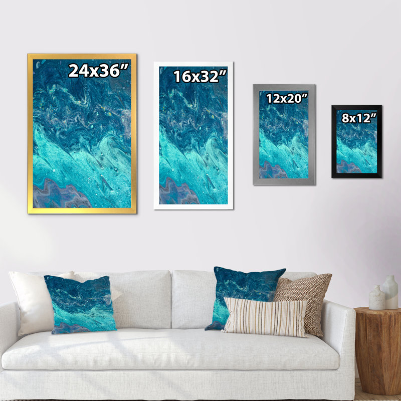 Light Turquoise Paint Waves - Print on Canvas, 20" H x 12" W x 1" D, Black Picture Frame Canvas