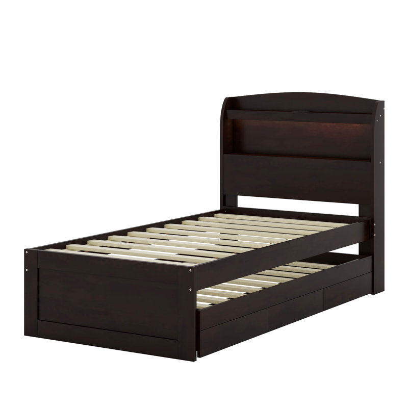 Bed With Trundle, Drawers and Outlet, Brown, Twin