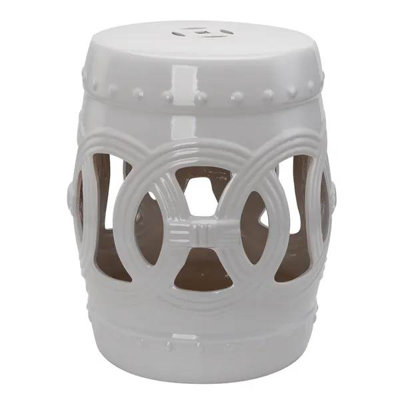 14" x 17" Ceramic Garden Stool with Double-Coin Knotted Ring Design & Strong Glazed Material, Decorative Outdoor Stool, Home Collection, White