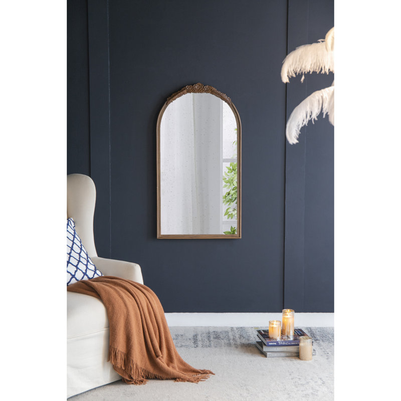 Cadre de miroir rose sculpté à la main de 23 po x 42 po, miroir mural arqué en bois pour le salon, la salle de bain et le vestibule