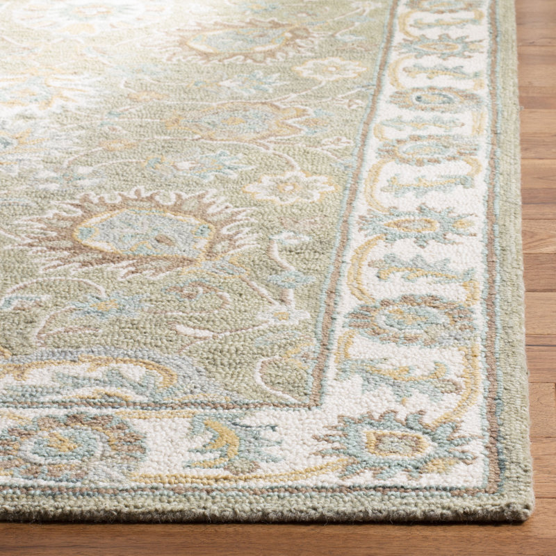 Desmondia Oriental Handmade Tufted Wool Area Rug in Sage/Ivory, Square 6'