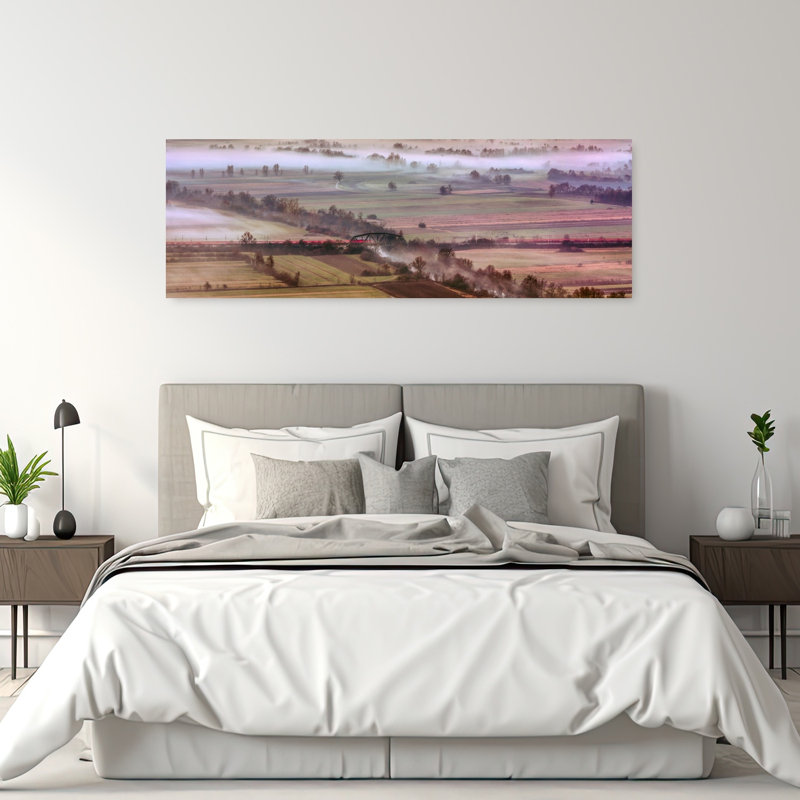 Train sur un pont brumeux, paysage serein paisible, art mural nature, H 20 po x l 60 po