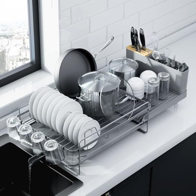 Grand et extensible égouttoir à vaisselle multifonctionnel, Acier Inoxydable