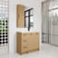Ensemble de meuble-lavabo sur pied 36 po avec armoire à linge haute, 3 tiroirs et rangement à double porte, lavabo en résine simple, finition chêne clair