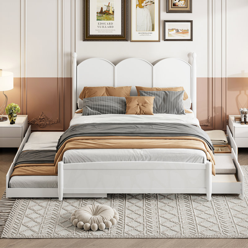 Grand lit plateforme avec 2 grands tiroirs, lit gigogne simple TG, Blanc